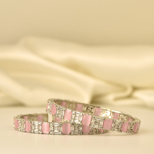AD Bangle with silver Polish looks like real Diamond stone beautiful arranged in box pattern highlighted with square cut pastel pink stone