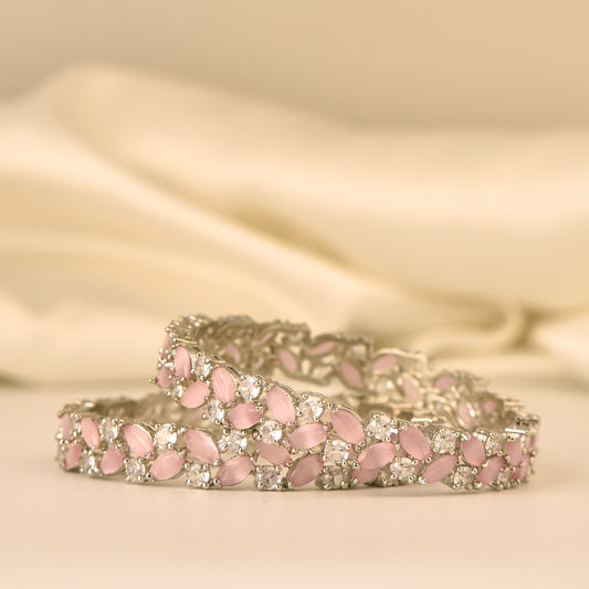 AD Bangle with silver Polish looks like real Diamond stone beautiful arranged in leaf pattern highlighted with pastel pink stone