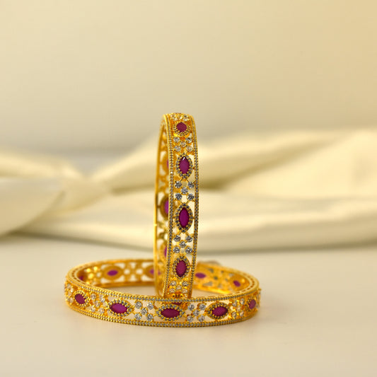 Gold polish AD bangles with red and white stones