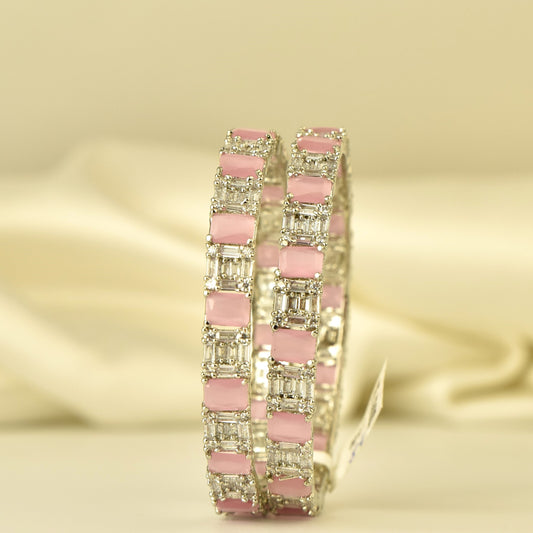 AD Bangle with silver Polish looks like real Diamond stone beautiful arranged in box pattern highlighted with square cut pastel pink stone