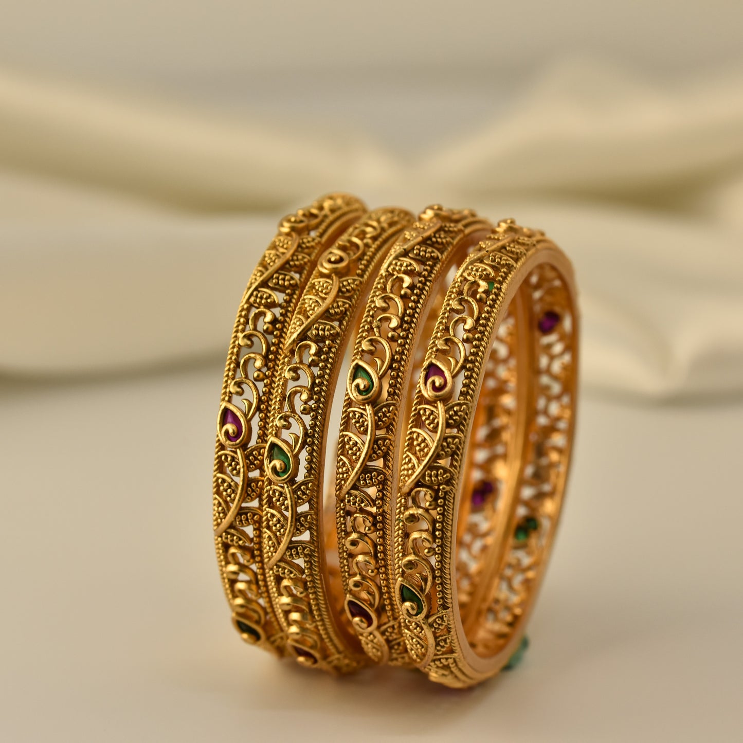 Matte gold polish bangle 4 pc floral design 